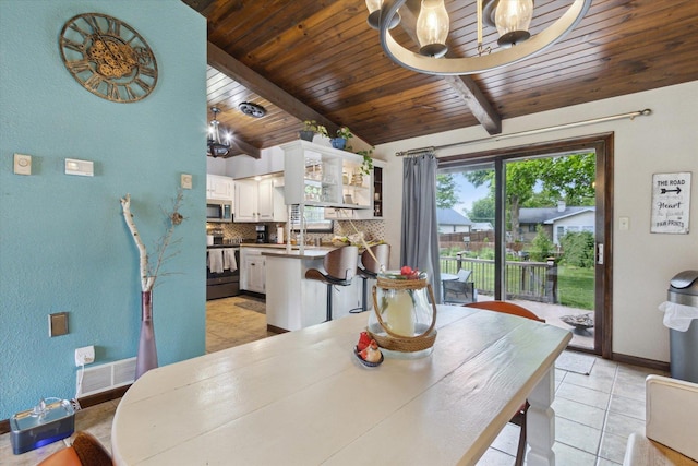 608 E Webster St, Polo, IL 61064 - dining room with wood ceiling, light tile patterned flooring, a chandelier, and baseboards