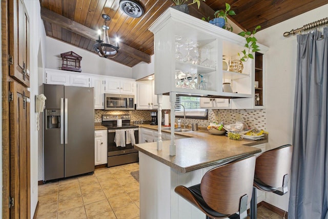 608 E Webster St, Polo, IL 61064 - kitchen featuring stainless steel appliances, a sink, wood ceiling, tasteful backsplash, and a peninsula