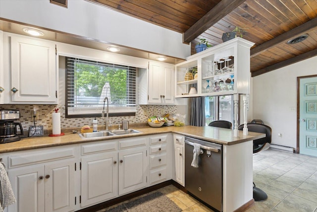 608 E Webster St, Polo, IL 61064 - kitchen featuring stainless steel dishwasher, a sink, wood ceiling, decorative backsplash, and white cabinetry