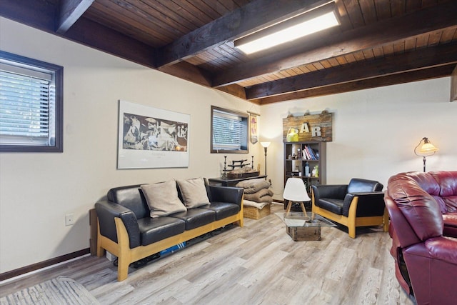 608 E Webster St, Polo, IL 61064 - living area with wooden ceiling with exposed beams, light wood-style floors, healthy amount of natural light, and baseboards