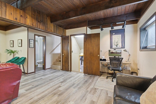 608 E Webster St, Polo, IL 61064 - office space featuring wood finished floors, wood ceiling with exposed beams, and baseboards