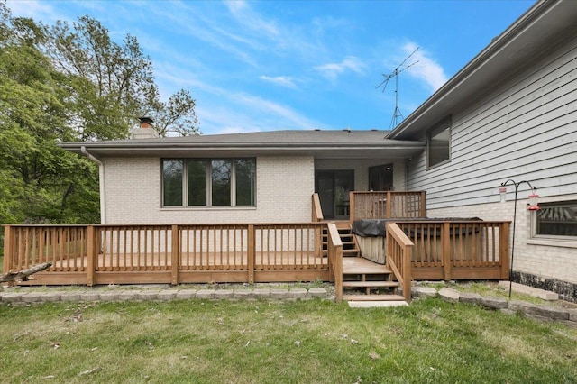 2261 E Gaisor Dr, Crete, IL 60417 - back of house featuring brick siding, a chimney, a deck, and a lawn