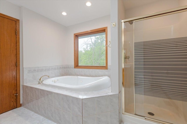 2261 E Gaisor Dr, Crete, IL 60417 - bathroom featuring a garden tub, a stall shower, tile patterned floors, and recessed lighting
