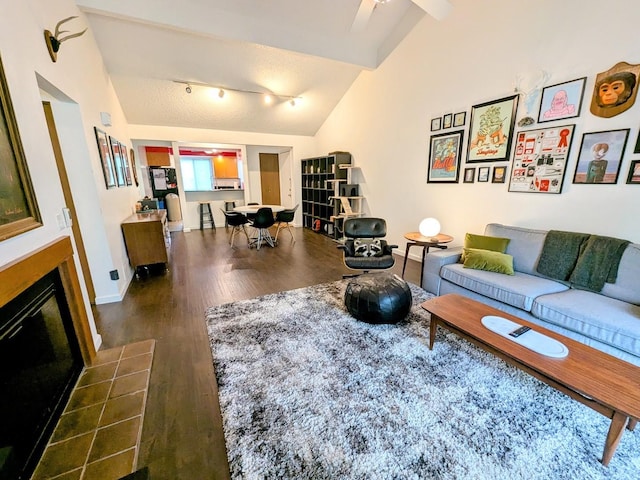 2176 Harbortown Cir Unit 2176, Champaign, IL 61821 - living area with dark wood-style floors, lofted ceiling, a fireplace, baseboards, and a ceiling fan