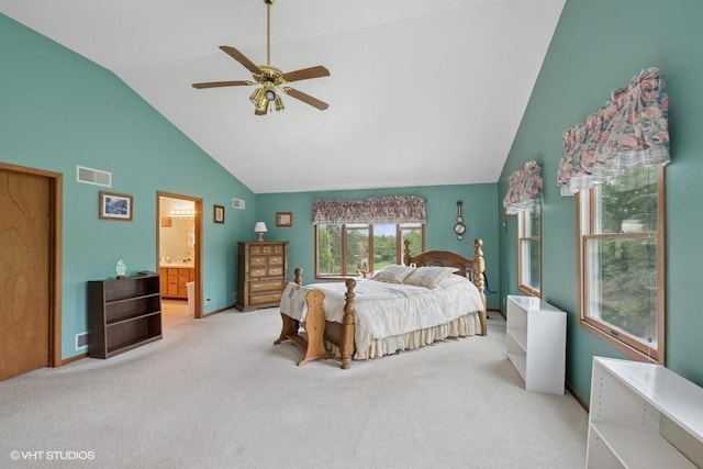 18457 Virginia Ln, Mokena, IL 60448 - bedroom with light carpet, ensuite bath, high vaulted ceiling, and a ceiling fan