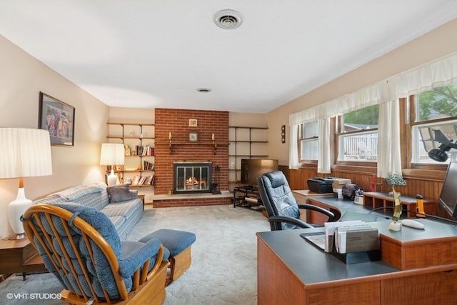 18457 Virginia Ln, Mokena, IL 60448 - living area with carpet and a brick fireplace