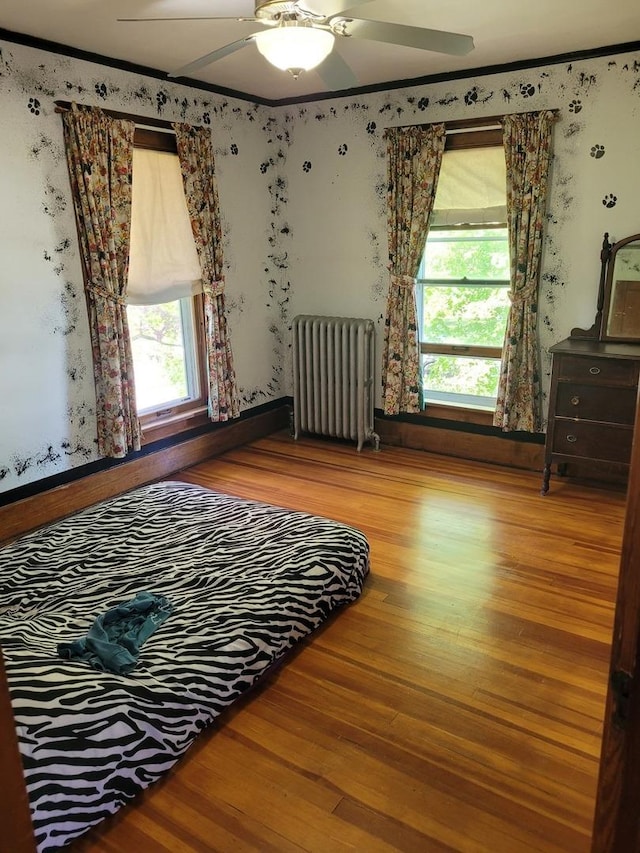 442 High St, Buda, IL 61314 - bedroom featuring radiator, wood finished floors, crown molding, a ceiling fan, and wallpapered walls
