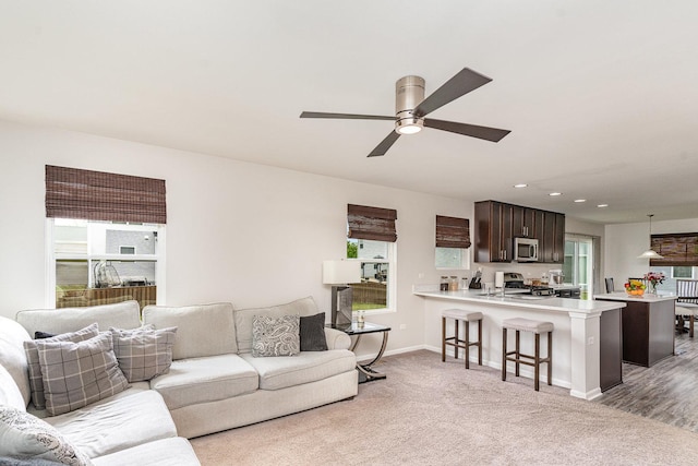 3917 Kristen Ct, Plano, IL 60545 - living room featuring ceiling fan, healthy amount of natural light, light carpet, baseboards, and recessed lighting