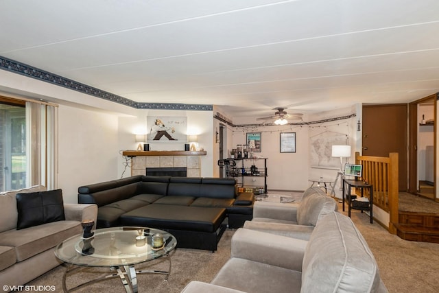6437 Oak Forest Ave Unit 1E, Tinley Park, IL 60477 - living area with carpet flooring, a tile fireplace, plenty of natural light, and ceiling fan