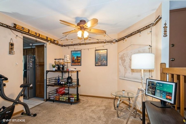 6437 Oak Forest Ave Unit 1E, Tinley Park, IL 60477 - workout room featuring a ceiling fan, carpet floors, and baseboards