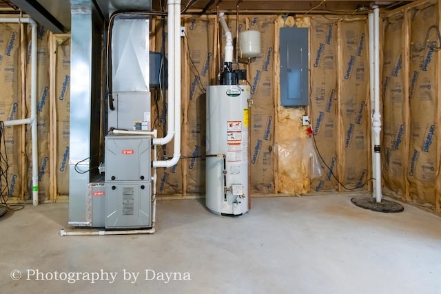 584 Chase Ct, Bourbonnais, IL 60914 - utility room featuring gas water heater, electric panel, and heating unit