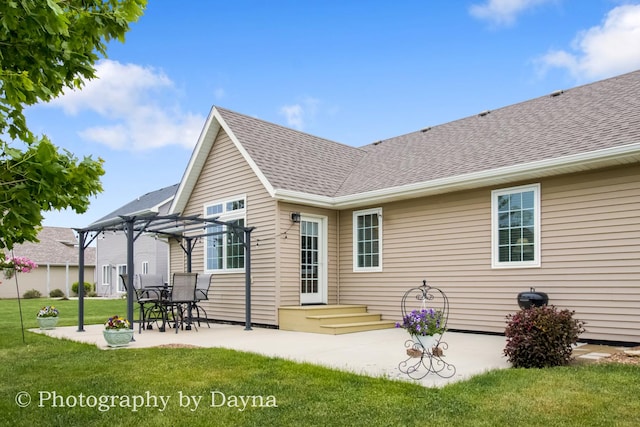 584 Chase Ct, Bourbonnais, IL 60914 - rear view of house with a pergola, roof with shingles, a yard, and a patio