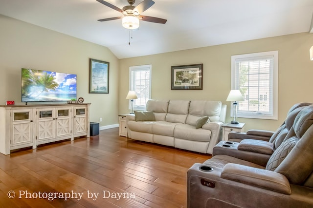 584 Chase Ct, Bourbonnais, IL 60914 - living area with a ceiling fan, hardwood / wood-style floors, vaulted ceiling, and baseboards