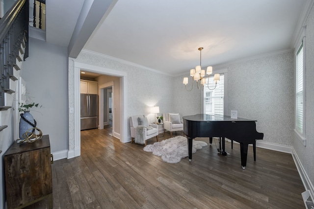 549 S Main St, Naperville, IL 60540 - sitting room featuring plenty of natural light, dark wood-style floors, a chandelier, crown molding, and wallpapered walls
