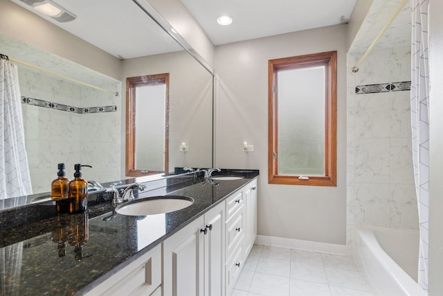 60 Romiga Ln, Palos Park, IL 60464 - bathroom with baseboards, double vanity, marble look tiles, shower / tub combo with curtain, and recessed lighting