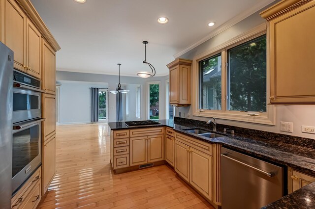 740 Fairmont Ct, Westmont, IL 60559 - kitchen with appliances with stainless steel finishes, a sink, ornamental molding, light wood-type flooring, and hanging light fixtures