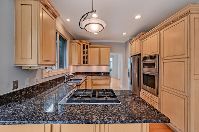 740 Fairmont Ct, Westmont, IL 60559 - kitchen with appliances with stainless steel finishes, a sink, glass insert cabinets, crown molding, and a peninsula