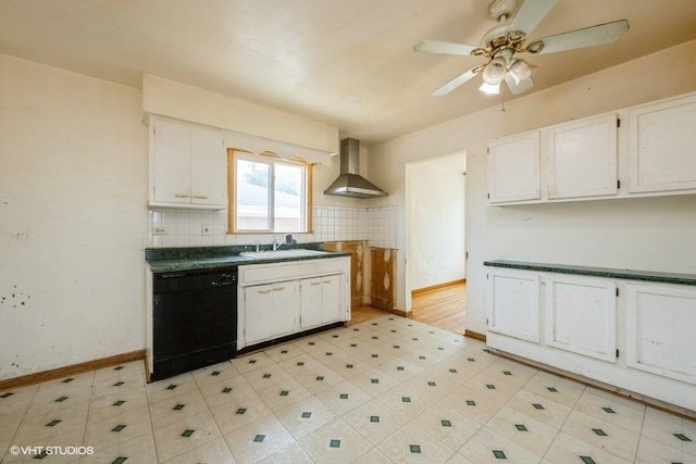 9011 Menard Ave, Morton Grove, IL 60053 - kitchen with dishwasher, wall chimney range hood, a sink, ceiling fan, and light floors