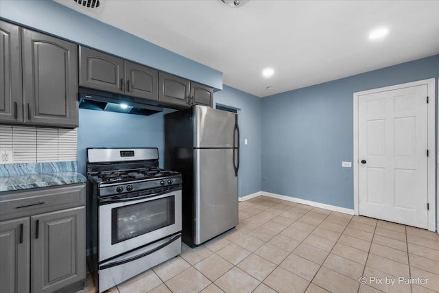 2756 Lancaster Dr, Markham, IL 60428 - kitchen featuring stainless steel appliances, under cabinet range hood, gray cabinets, baseboards, and light stone countertops