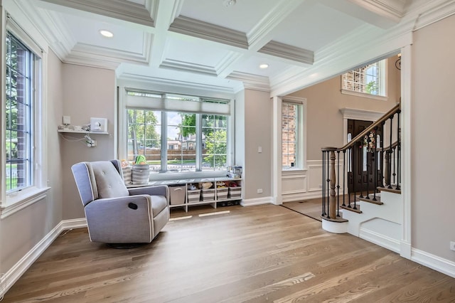 349 Home Ave, Itasca, IL 60143 - living area with crown molding, coffered ceiling, healthy amount of natural light, beam ceiling, and wood finished floors