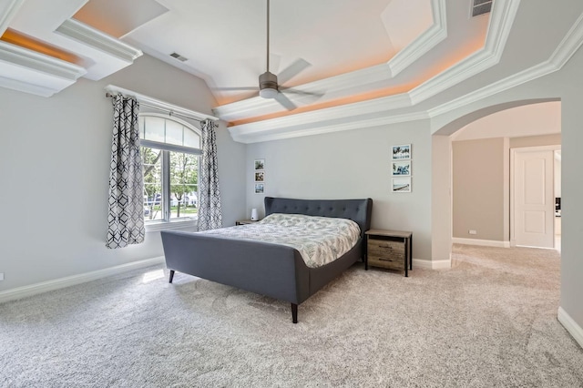 349 Home Ave, Itasca, IL 60143 - bedroom with arched walkways, carpet floors, ornamental molding, baseboards, and ceiling fan