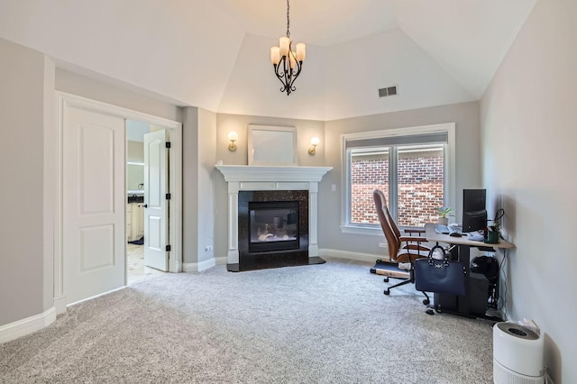 349 Home Ave, Itasca, IL 60143 - office space featuring carpet floors, a high end fireplace, a chandelier, baseboards, and vaulted ceiling