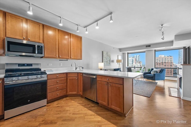 1212 N Wells St Unit 1403, Chicago, IL 60610 - kitchen featuring stainless steel appliances, rail lighting, a peninsula, open floor plan, and light wood-style flooring