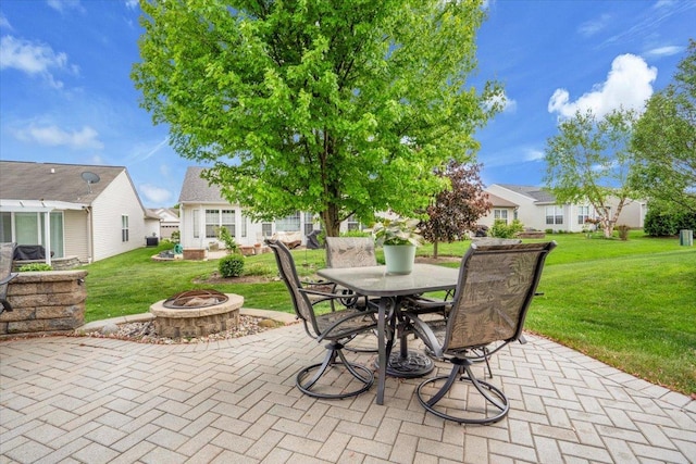 13569 Winterberry Ln, Huntley, IL 60142 - view of patio / terrace featuring an outdoor fire pit, outdoor dining space, and a residential view