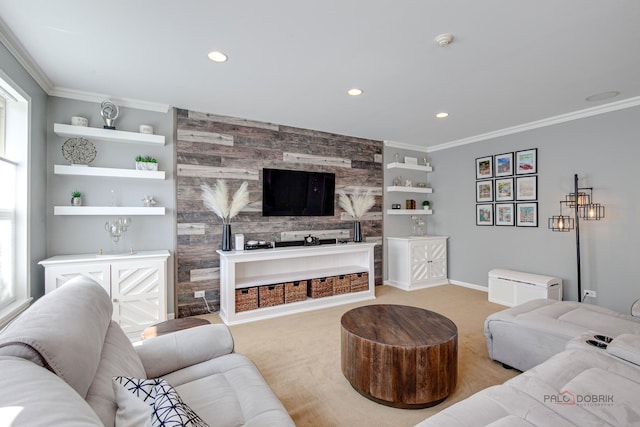 1441 Sutton Pl, Gurnee, IL 60031 - carpeted living room with crown molding, built in features, recessed lighting, and baseboards