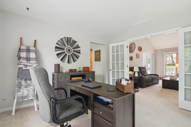 1034 Willoby Ln, Elgin, IL 60120 - home office featuring light carpet, french doors, baseboards, and lofted ceiling