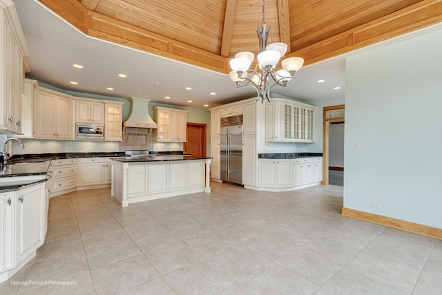 1773 W Whispering Ct, Addison, IL 60101 - kitchen featuring built in appliances, premium range hood, wood ceiling, dark countertops, and light tile patterned flooring