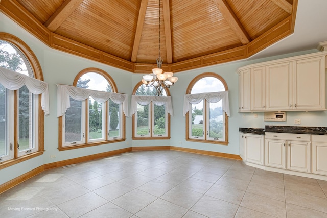 1773 W Whispering Ct, Addison, IL 60101 - unfurnished dining area featuring wood ceiling, light tile patterned floors, and a chandelier