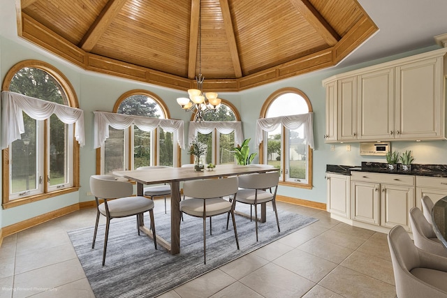 1773 W Whispering Ct, Addison, IL 60101 - dining area with a wood ceiling with exposed beams, light tile patterned floors, a chandelier, plenty of natural light, and high vaulted ceiling