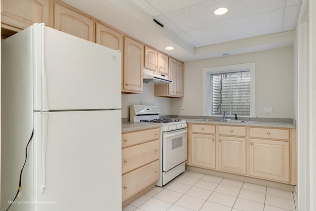 1773 W Whispering Ct, Addison, IL 60101 - kitchen featuring white appliances, light brown cabinetry, under cabinet range hood, recessed lighting, and light countertops