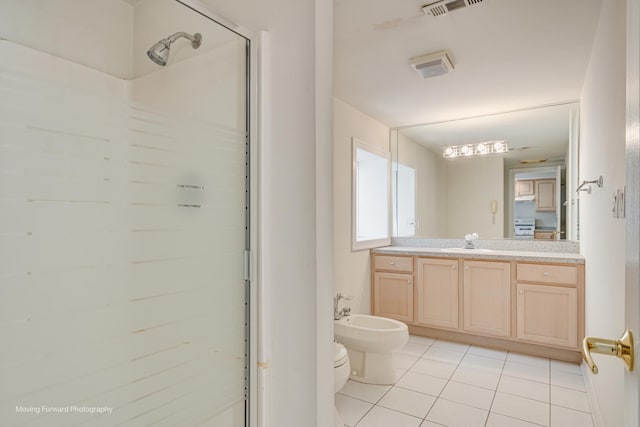 1773 W Whispering Ct, Addison, IL 60101 - bathroom featuring a bidet, tile patterned floors, a stall shower, and vanity