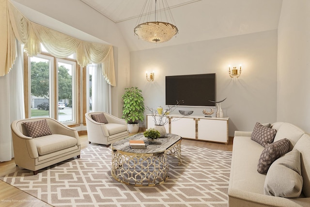 1773 W Whispering Ct, Addison, IL 60101 - living room featuring lofted ceiling, wood finished floors, and a chandelier
