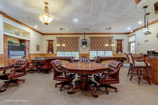 17016 Delevan St, Lockport, IL 60441 - carpeted dining area with crown molding and a wainscoted wall