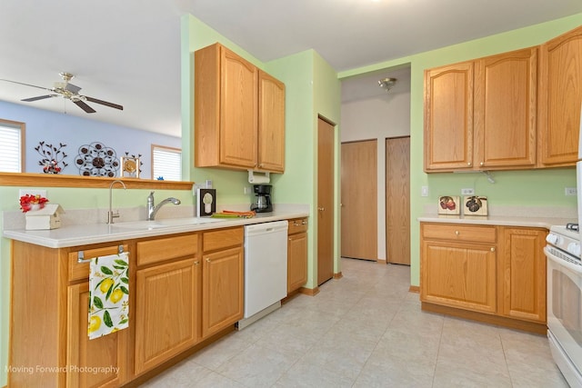 17016 Delevan St, Lockport, IL 60441 - kitchen featuring white appliances, a sink, a ceiling fan, and healthy amount of natural light