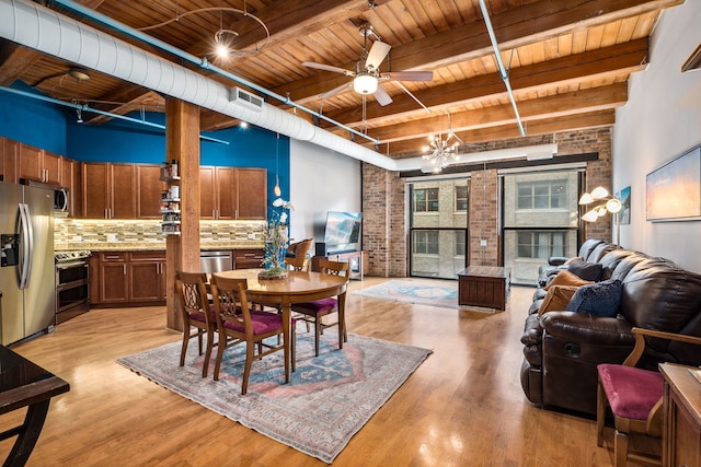 225 W Huron St Unit 413, Chicago, IL 60654 - dining area featuring wood ceiling with exposed beams, light wood-style flooring, a ceiling fan, and brick wall