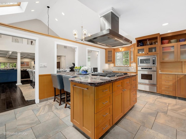 5951 S Grant St, Burr Ridge, IL 60527 - kitchen featuring appliances with stainless steel finishes, island exhaust hood, a sink, a chandelier, and dark stone countertops