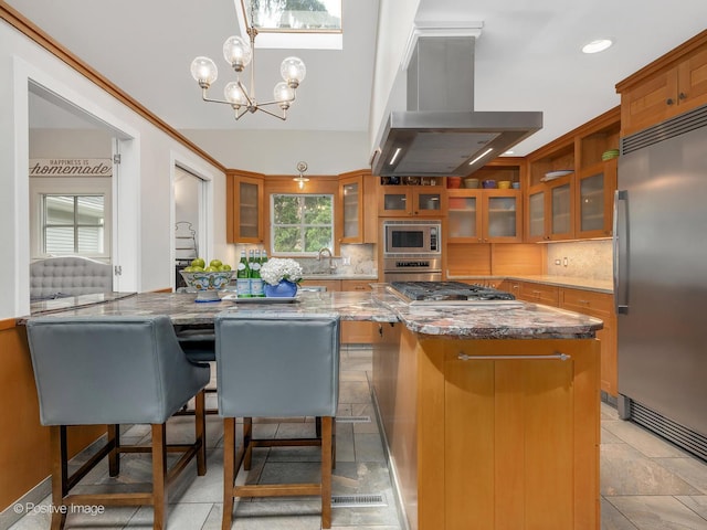 5951 S Grant St, Burr Ridge, IL 60527 - kitchen with appliances with stainless steel finishes, island range hood, brown cabinetry, and recessed lighting