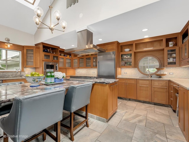 5951 S Grant St, Burr Ridge, IL 60527 - kitchen with built in appliances, island exhaust hood, light stone countertops, decorative backsplash, and recessed lighting