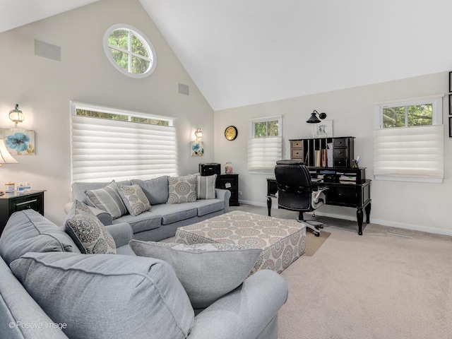 5951 S Grant St, Burr Ridge, IL 60527 - living room featuring high vaulted ceiling, baseboards, carpet flooring, and healthy amount of natural light