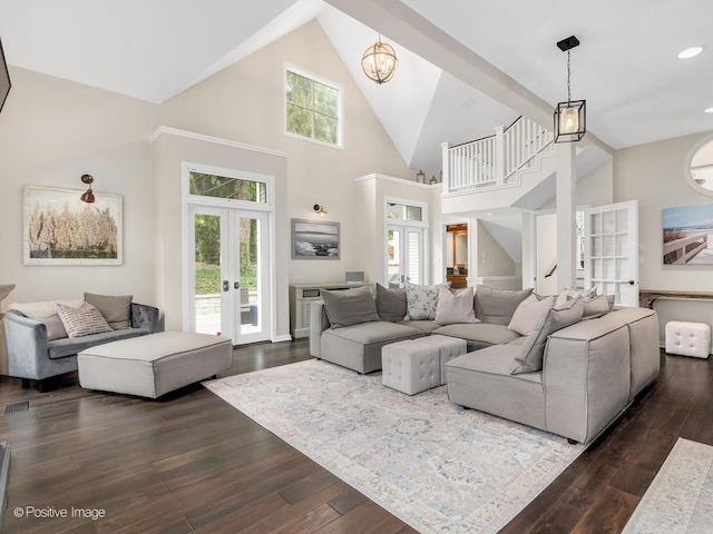 5951 S Grant St, Burr Ridge, IL 60527 - living room featuring french doors, high vaulted ceiling, dark wood-style floors, recessed lighting, and stairway