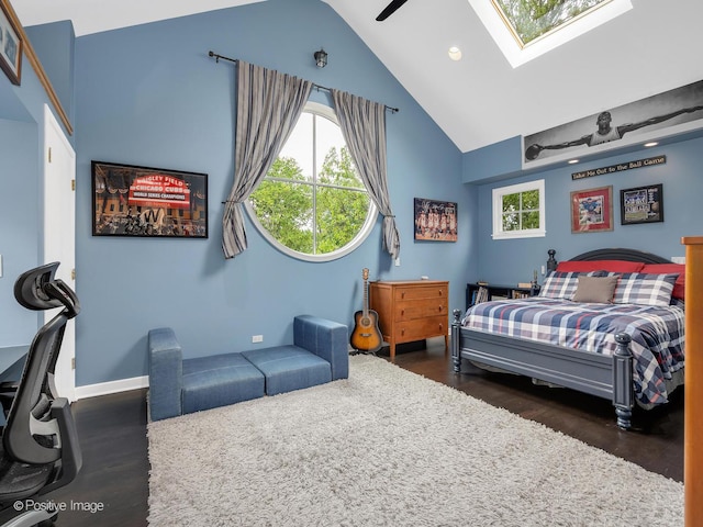 5951 S Grant St, Burr Ridge, IL 60527 - bedroom featuring high vaulted ceiling, a skylight, wood finished floors, multiple windows, and recessed lighting