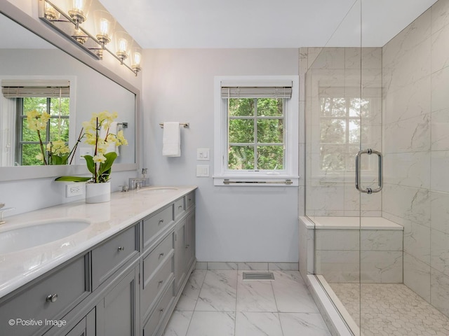 5951 S Grant St, Burr Ridge, IL 60527 - bathroom featuring plenty of natural light, marble finish floors, a shower stall, and double vanity