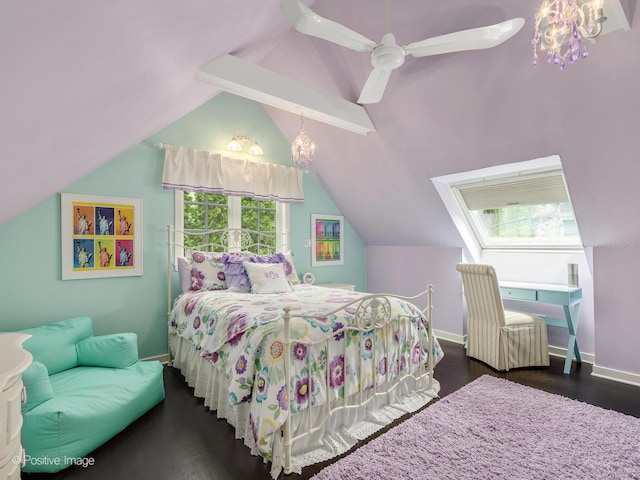 5951 S Grant St, Burr Ridge, IL 60527 - bedroom featuring lofted ceiling, a ceiling fan, baseboards, wood finished floors, and a chandelier