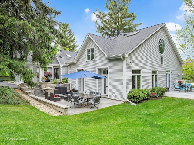5951 S Grant St, Burr Ridge, IL 60527 - back of property featuring a patio, a lawn, a shingled roof, and an outdoor living space