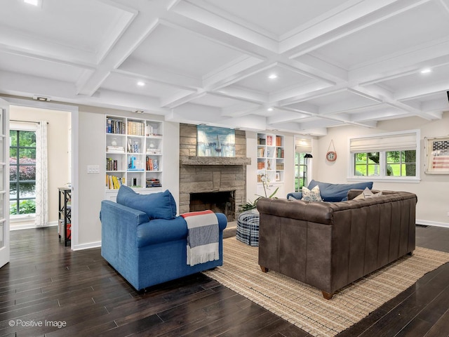 5951 S Grant St, Burr Ridge, IL 60527 - living room with dark wood finished floors, coffered ceiling, a fireplace, beamed ceiling, and recessed lighting