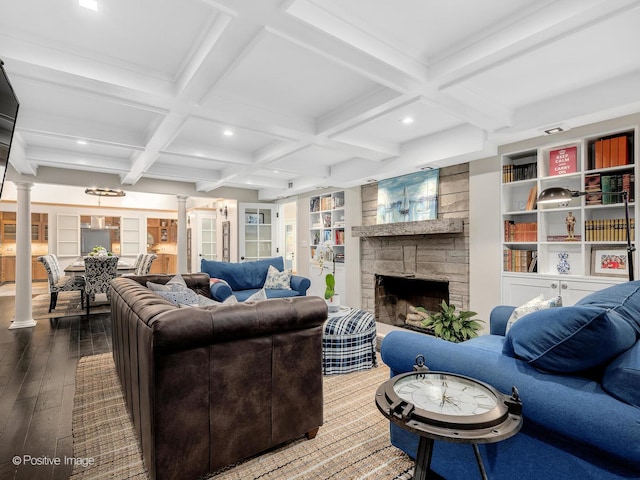5951 S Grant St, Burr Ridge, IL 60527 - living area featuring decorative columns, wood-type flooring, recessed lighting, beam ceiling, and coffered ceiling